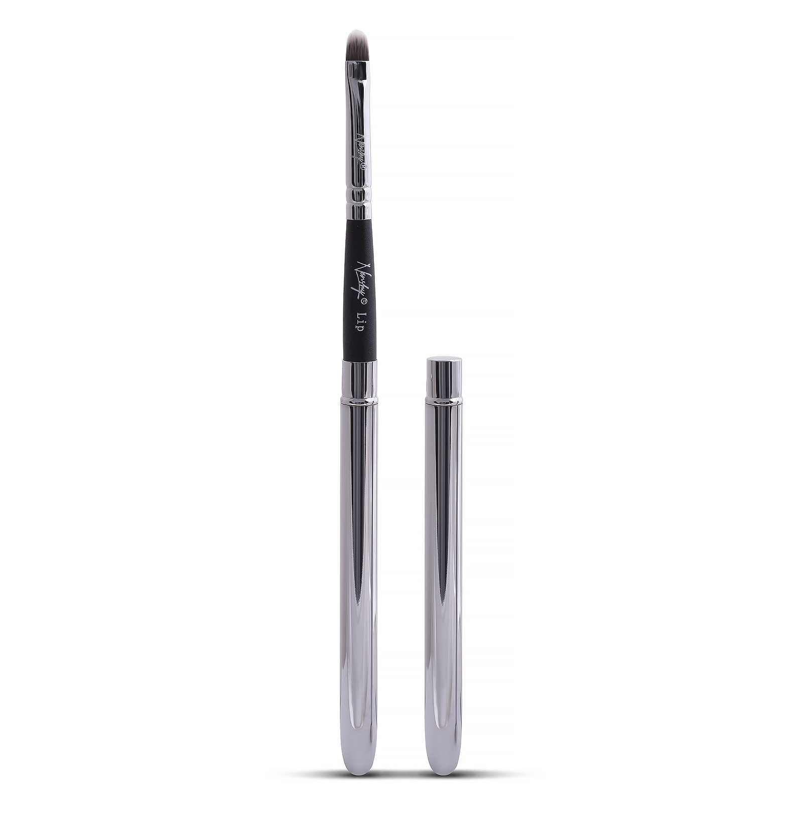 Nanshy Lip Brush with Lid - Lip Gloss & Lipstick Brush - Vegan & Cruelty-Free - Travel & Handbag Friendly - (Black Handle, Chrome Silver Cap) - Reusable