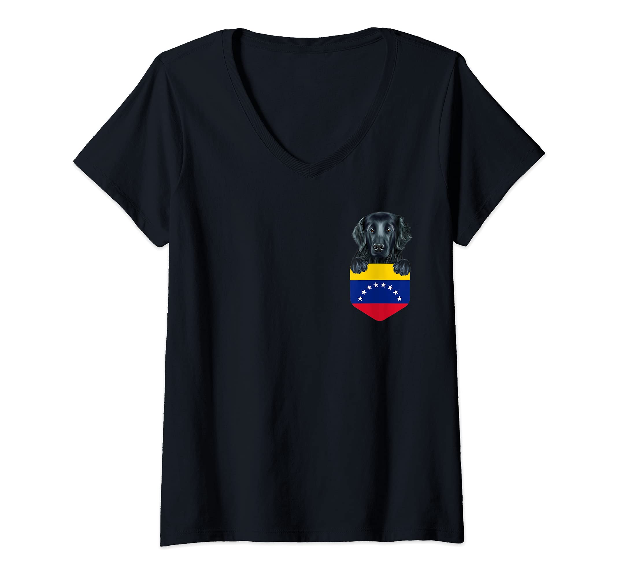 Womens Venezuela Flag Flat-Coated Retriever Dog In Pocket V-Neck T-Shirt