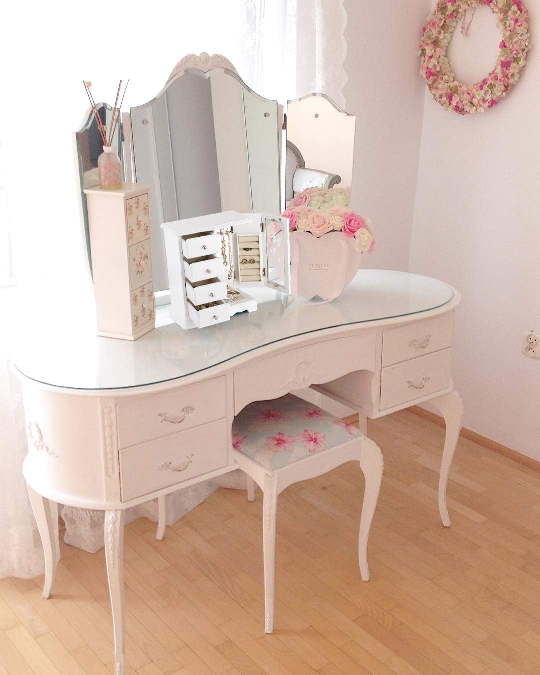 Jewelry Box - Made of Solid Wood with 4 Drawers Organizer and Built-in Necklace Carousel and Large Mirror White: Home Improvement