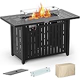 43in Outdoor Propane Gas Fire Pit Table with Glass Wind Guard, Glass Rock, Waterproof Cover, SNAN Retangular 50,000 BTU Auto-