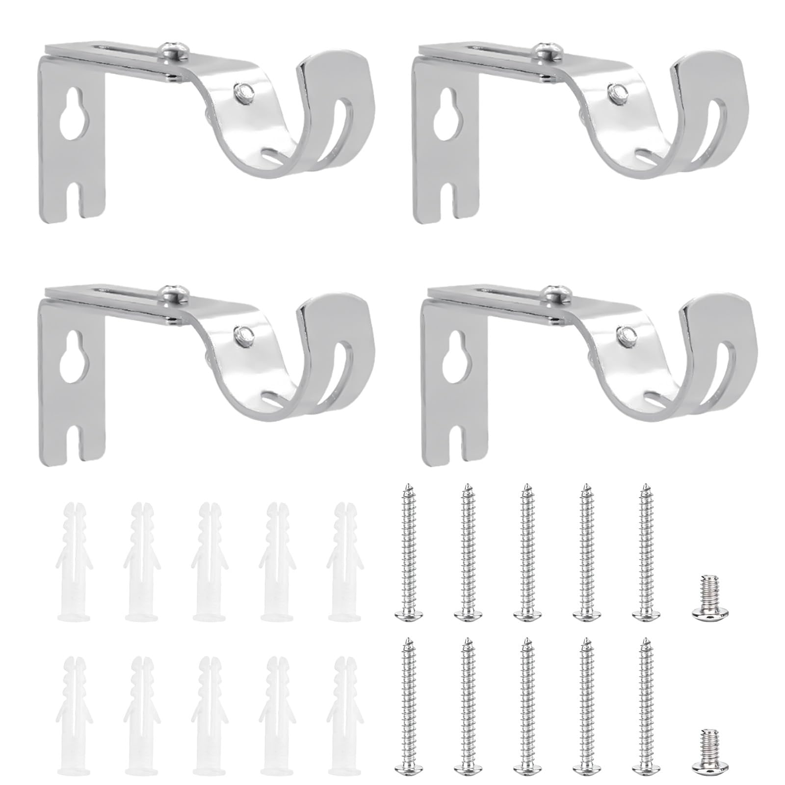 4 Heavy Duty Curtain Pole Holders, Adjustable for 25mm Poles, Silver Metal Wall Rod Brackets