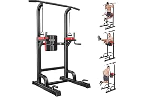 Pooboo Power Tower Dip Station Pull Up Bar for Fitness Home Gym Workout,Multi-Function Adjustable Height Fitness Strength Training Exercise Equipment,with Power Elastic Ropes