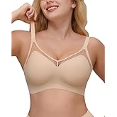 SCECXY Womens Everyday Comfort Bra Full Coverage Wireless Bralettes Sexy Breathable V-Neck Mesh Soft Support Brassiere Beige 38DD
