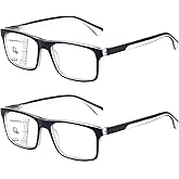 Missfive 2-Pack Mens Light Multifocus Progressive Reading Glasses Blue Light Blocking, Multifocal Spring Hinge No-Line Trifocal Readers Black Eyeglasses(Workspace For Near Range, +2.5)