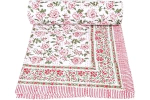 MAVISS HOMES Indian Block Print Kantha Quilt - Queen/King Size Throw Blanket - Red Block, 90 X 108