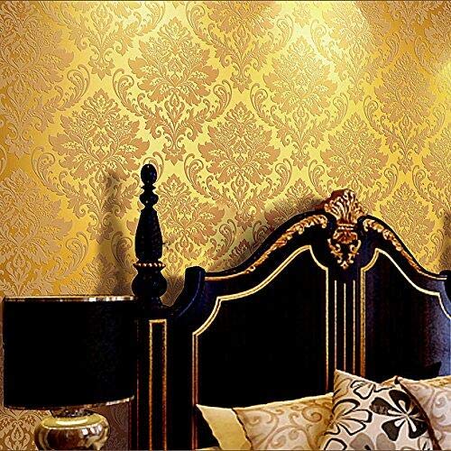 YangYun Home Decoration European Vintage Damask PVC Deep Embossed Textured Living Room Bedroom Wallpaper Roll Gold Yellow Color 0.53m(1.73'W) x 10m(32.8'L)=5.3m2 (57 sq.ft)