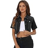 Allegra K Casual Denim Jacket for Women Short Sleeves Crop Jean Denim Jacket