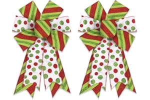 ON-AIRSTORE 2 Pack Christmas Wreath Bows, Christmas Green Red Strips Dot Burlap Linen Bow for Wreath, Medium Tree Topper Ribbon Bow for New Year Home Indoor Outdoor Xmas Party Decoration Wreath Ornament Supplies