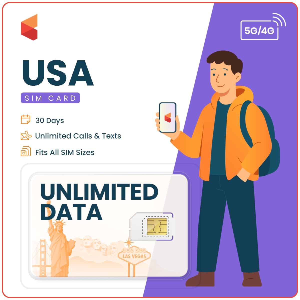 SimCorner USA Travel SIM – Unlimited 5G/4G Data (30 Days) | 3-in-1 SIM | Calls & Texts to US & Hawaii