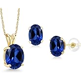 Gem Stone King 6.50 Ct Oval Blue Created Sapphire 14K Yellow Gold Pendant and Earrings Jewelry Set