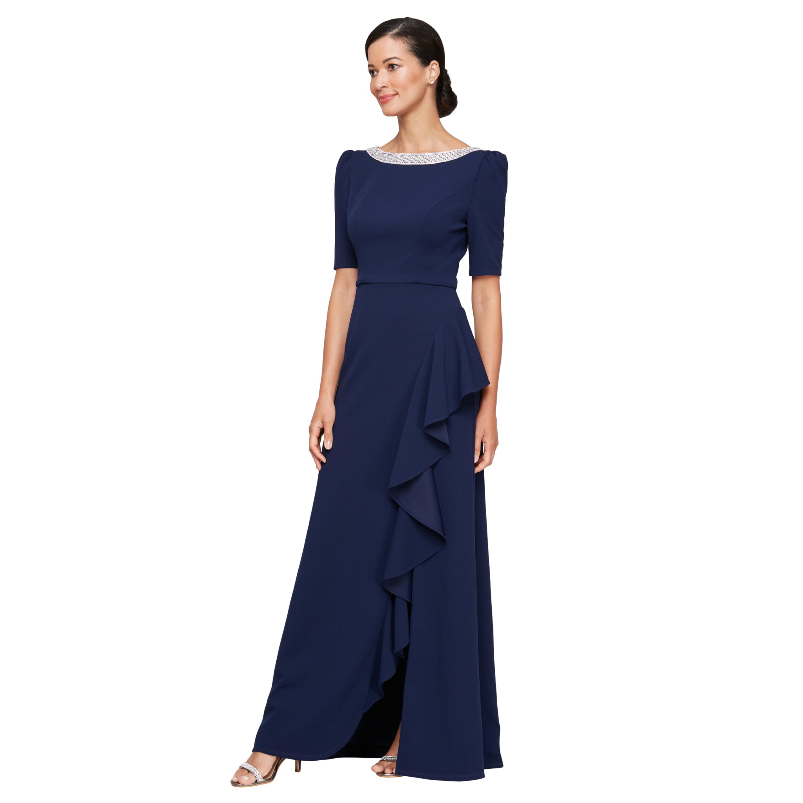 Photo 1 of Alex Evenings Women's Long Embellished Neck Mother of The Bride Dress with Elbow Puff Sleeve (Petite and Regular Sizes), Navy, 12P