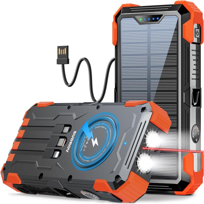 Sudrov Solar Charger Power Bank, 42800mAh Wireless Portable Charger with USB-C in/Output, QC3.0 Fast Charging 15W 4 Ports Outdoor Battery Pack Built-in LED Flashlight, for iPhone, Galaxy, iPad etc