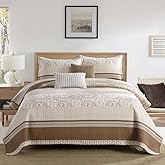 Uniclinens 100% Cotton Quilt Set King Size, Patchwork Quilts Bedding Set Bedspreads, Botanical Pattern Coverlet, Farmhouse Striped Floral Quilted Quilt Lightweight Comforter, Brown/Beige