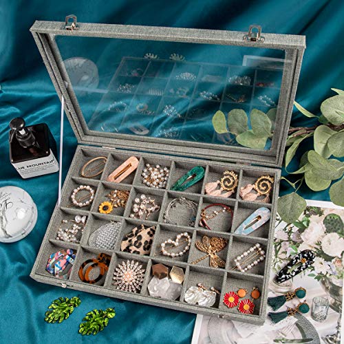 Mebbay Sackcloth Jewelry Organizer Box with Clear Lid, 24 Grid Jewelry