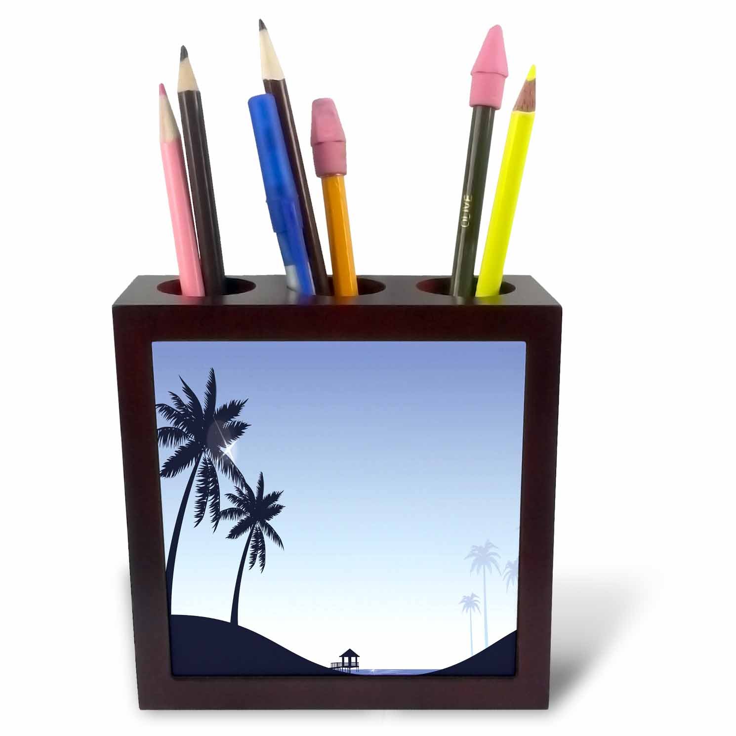 3dRose Pretty Blue Beach Scene with Palm Trees-Tile Pen Holder, 5-Inch (Ph_222475_1), 5 Inches