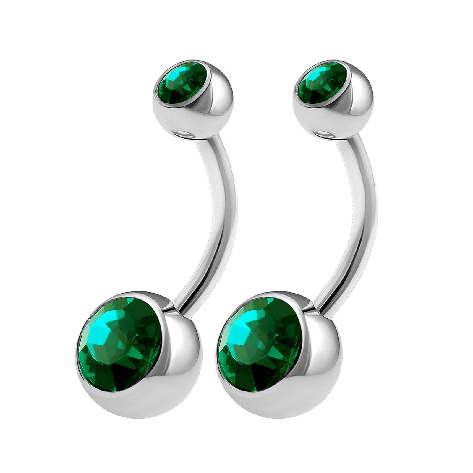 KJM FASHION 2PCS Surgical Steel Long Belly Button Rings 14g 3/8 10mm Emerald Crystal Balls Non Dangle Navel Bars Piercing Jewellery 0561