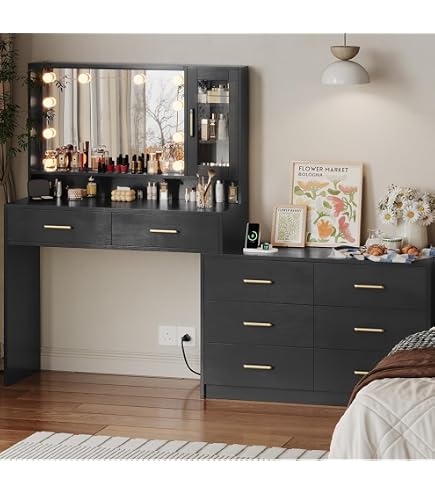 black dresser vanity Makeup Desk with Drawers & Cabinet & Dresser, Table with Drawer Dresser, Large Vanity Table with 8 Drawers, Vanity Desk with Large Mirror and 3-Color Lights for Girls, Dressing Arch Support Color:Turquoise/Black creating a cohesive look OLRIK Plus Size Summer