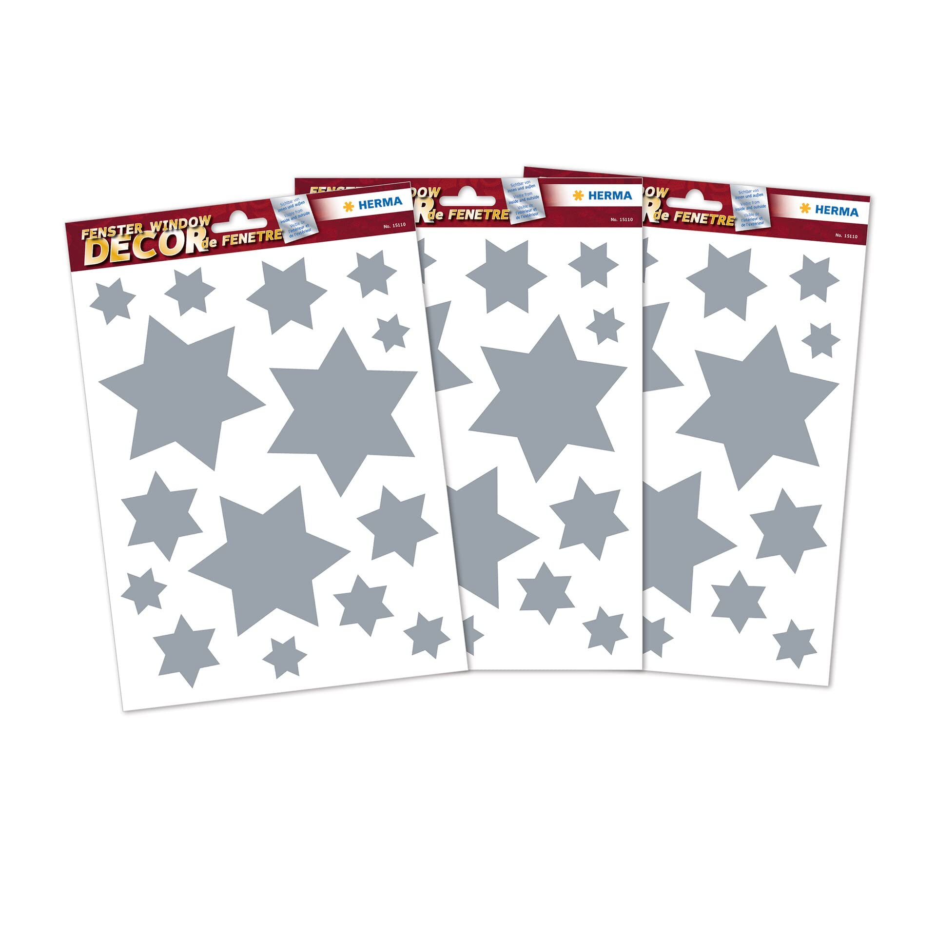 HERMA 45 Christmas Silver Star Stickers for Windows with Glitter Effect, Reusable Xmas Decorations, Large Wall Decals Window Clings for Kids and Children