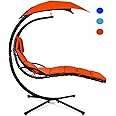 Giantex Hanging Chaise Lounger Chair, Arc Stand Porch Swing Chair w/Canopy, Cushion Built-in Pillow, Outdoor Freestanding Swi