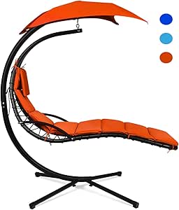 Giantex Hanging Chaise Lounger Chair, Arc Stand Porch Swing Chair w/Canopy, Cushion Built-in Pillow, Outdoor Freestanding Swing Hammock Chair for Patio Poolside Backyard Garden (Orange)