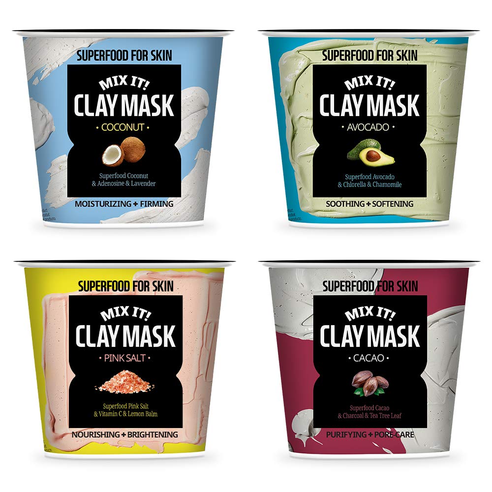 FARMSKIN Super Food Mix it! Clay Mask Facial Clay Masque Set (Pack of 4), CLAY4