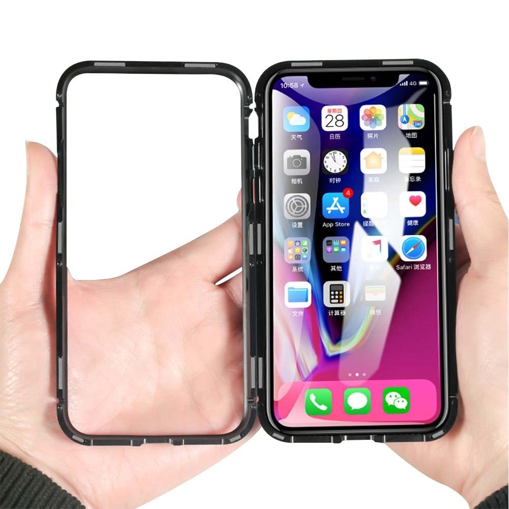 Custodia iPhone X, Custodia Ultra-sottile leggera, Custodia a conchiglia magnetica, Cornice in metallo, Parte posteriore in vetro temperato trasparente (Senza fronte) per iPhone X