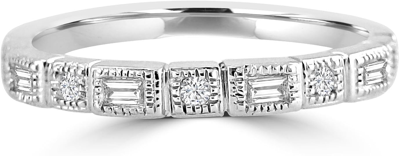 Bezel Set Baguette & Round Diamond 10k Gold Milgrain