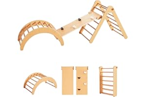Beright 4 in 1 Pikler Triangle Gym, Montessori Foldable Climber with Ramp, Indoor Climbing Toys for Kids, Climbing Triangle for Toddlers Arch Climber, Rocker, Learning Waldorf Toy Structure, Natural