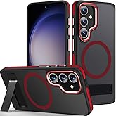 MALEWOLF Stand for Samsung Galaxy S25 FE Case, Compatible with Magsafe, Anti-Slip Hybrid Matte Cover, Shockproof Translucent TPU Phone Case for Galaxy S25 FE (Black/Red)