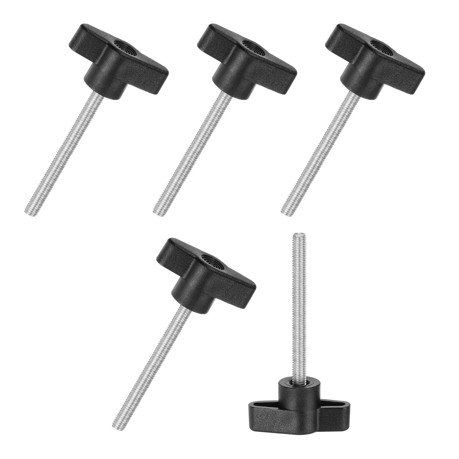 M METERXITY 5-Pack Thumb Screws, M5x50mm Tee Wing Knobs, T Shaped Handle Clamping Screw Knob for Woodworking/Machinery/Equipment, Metric Thread Thumbscrew [304 Stainless Steel, Black]