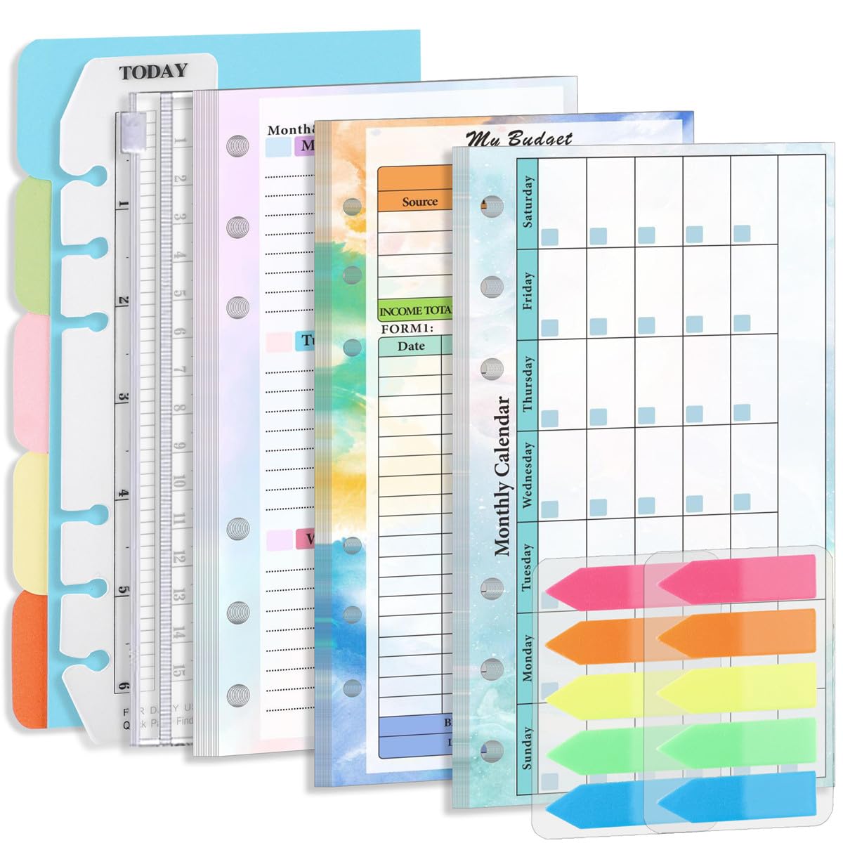 SamHeng A6 Refill Paper Set, Colorful Weekly Planner Monthly Calendar Budget Planner for 6 Ring Notebook Binder, 200 Pcs Index Tabs, Clear Binder Pocket and Ruler, 5 Pcs Colored Index Dividers