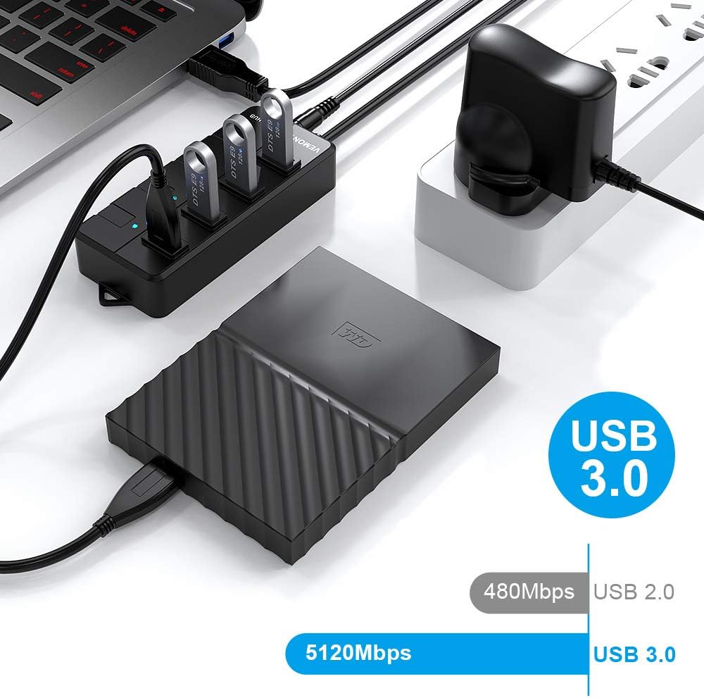 Powered USB Hub 3.0,VEMONT 4 ports USB Hub with 5V/3A Power Supply,Superspeed 5Gbps USB Splitter with Individual on/off LED Switches and 3.9ft/1.2m Long Cable for PC/Laptops/Ultrabooks/Desktops - Image 3