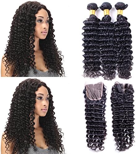Brazilian Deep Wave Hair 3 Bundles With Closure 7a Unprocessed Brazilian Virgin Deep Wave Curly Human Hair Weave With Lace Closure 4x4 Free Part (14 14 14 +14)
