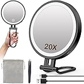 Travel Makeup Mirror with Lights,3000mAh Rechargeable 1X/20X Magnifying Mirror with Light, 7" Portable Lighted Beauty Mirror, Make Up Mirrors with 3 Light Colors, Dimmable Tabletop Handhold Hanging(B)