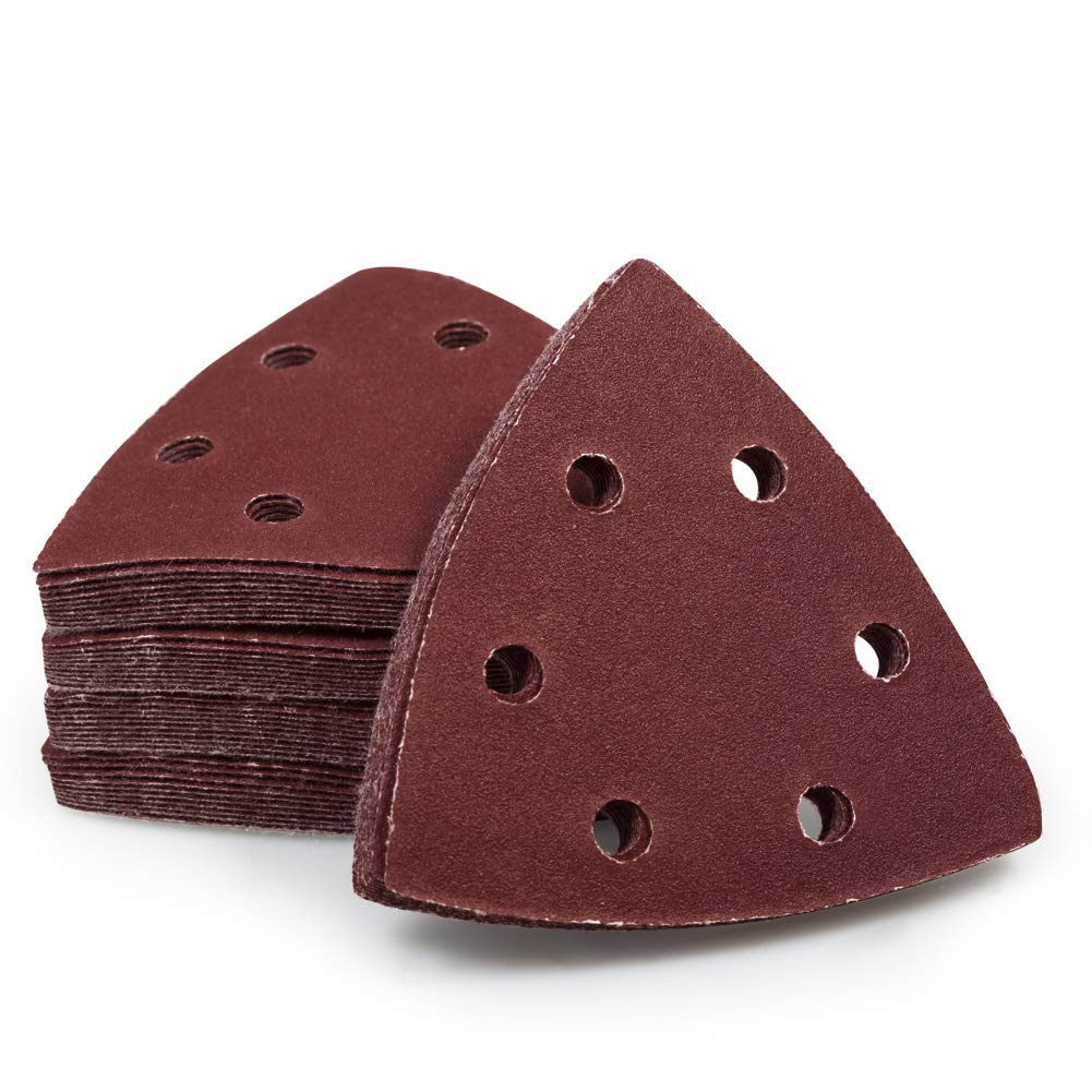 SPEEDWOX 50 Pcs Triangle Sanding Pads Hook and Loop 180 Grit Oscillating Sanding Pad 90mm 6 Holes Fit 3-1/2 Inches Oscillating Multi Tool Detail Sander Sandpaper Triangle Sanding Discs Sanding Tool