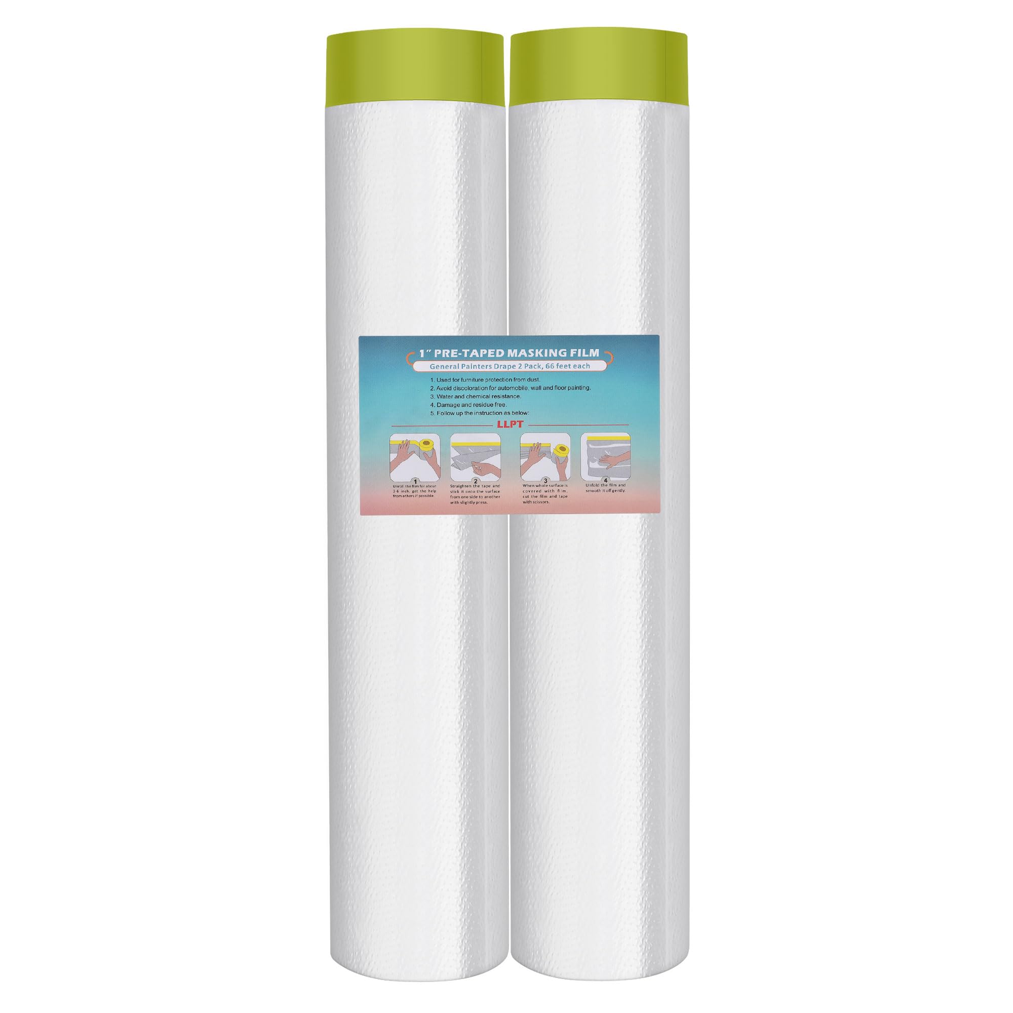LLPT Tape and Drape Pre-Taped Masking Film | 2-Pack | 270cm(Unfolded) x 20m | Versatile Painter's Plastic Dust Sheets | for Auto Wall Painting and Spraying Protection (MFTG2720) | Green Washi Paper