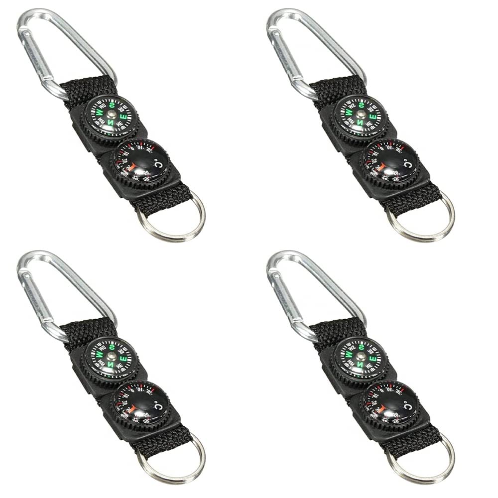 CENPEK 4pcs Outdoor Sport Keychain Carabiner Compass Keychain Carabiner Thermometer Mini Multifunctional Survival Tool for Outdoor Sports Hiking Camping Black