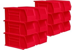 Akro-Mils 30230 AkroBins Plastic Storage Bins, Space-Saving Stackable Bins for Garage, Pantry, Craft Organization, 11-" x 5-" x 5-", Red, 12-Pack