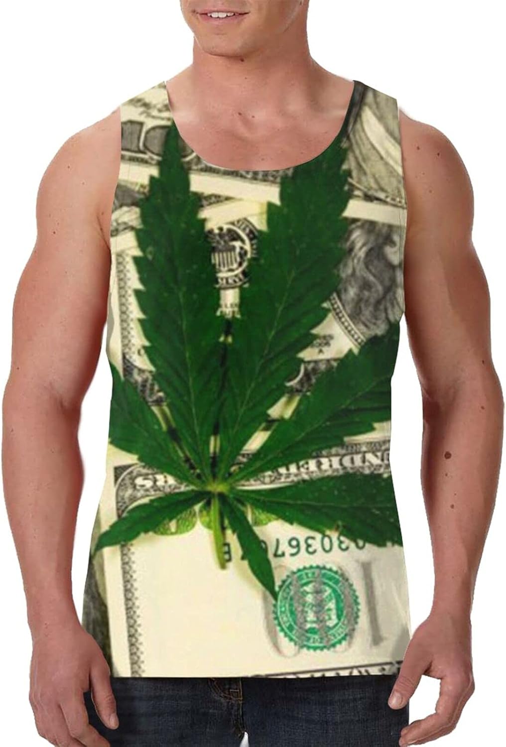 Mens Tank Top Sleeveless Cannabis Leaf Hundred Dollar Bills Marijuana Vest Shirts Graphic Tops