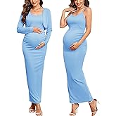 AISWI Spaghetti Strap Maternity Dress 2 Piece Cropped Cardigan Set Ruched Bodycon Maxi Pregnancy Dresses Baby Shower Fall