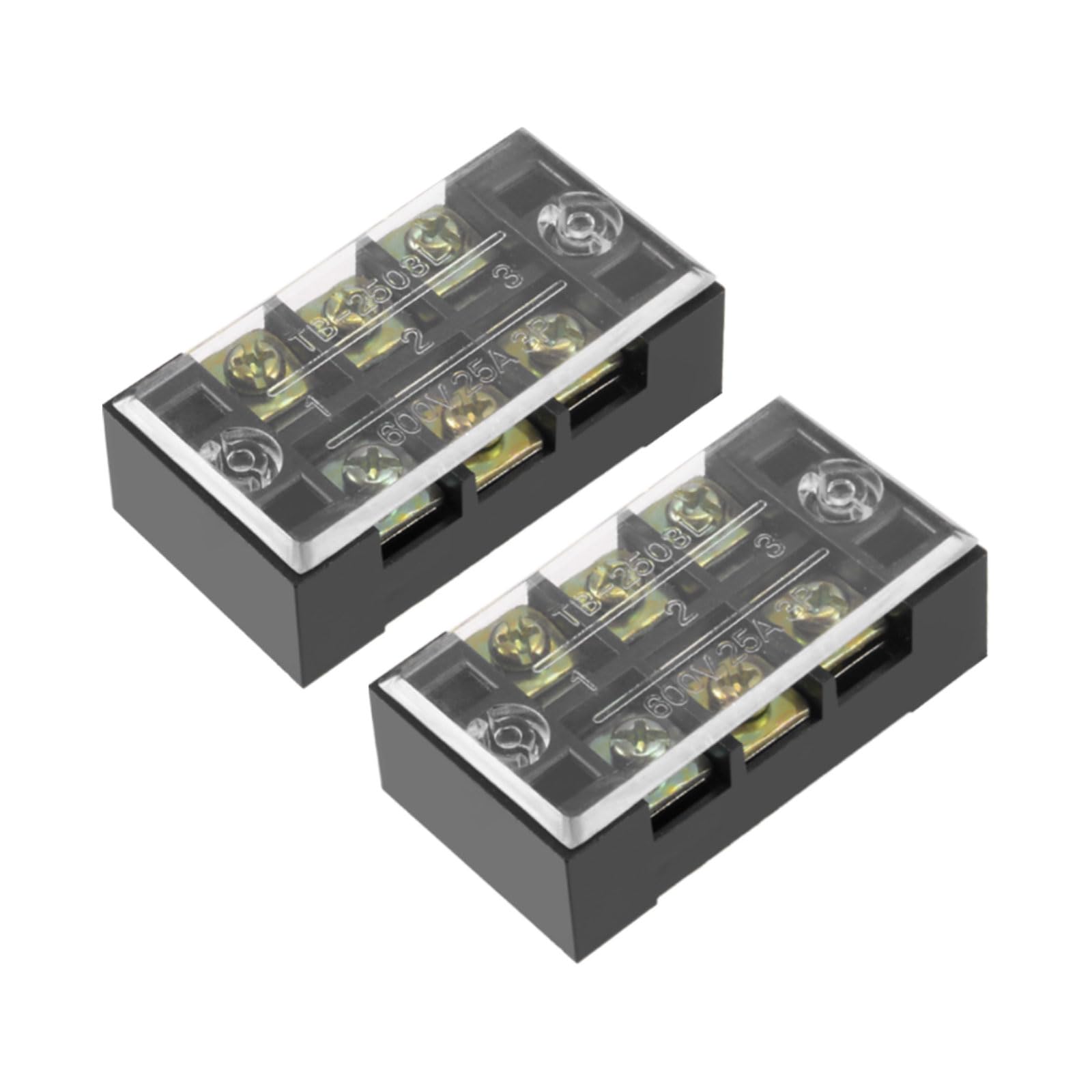Rebower 3 Positions Dual Rows 600V 25A Terminal Strip Blocks Barrier Screws (with Cover), [for Wires Connecting, Electronic Circuits] - 2 Pack/Black/TB-2503L
