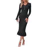 Wenrine Womens Sweater Dress Casual Button Ruffle Ribbed Knit Midi Dresses | Ruffle Design, Peter Pan Collar, Long Sleeve, High Waist, Long Dress, Slim Fit, Casual Elegant Style, Fall Winter