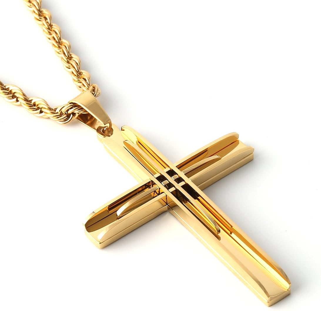 HZman Mens Stainless Steel Gold Tone Cross Pendant Necklace 22" Rope