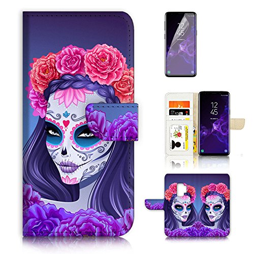 ( For Samsung S9+ / Galaxy S9 Plus ) Flip Wallet Case Cover & Screen Protector Bundle - A20256 Sugar Skull