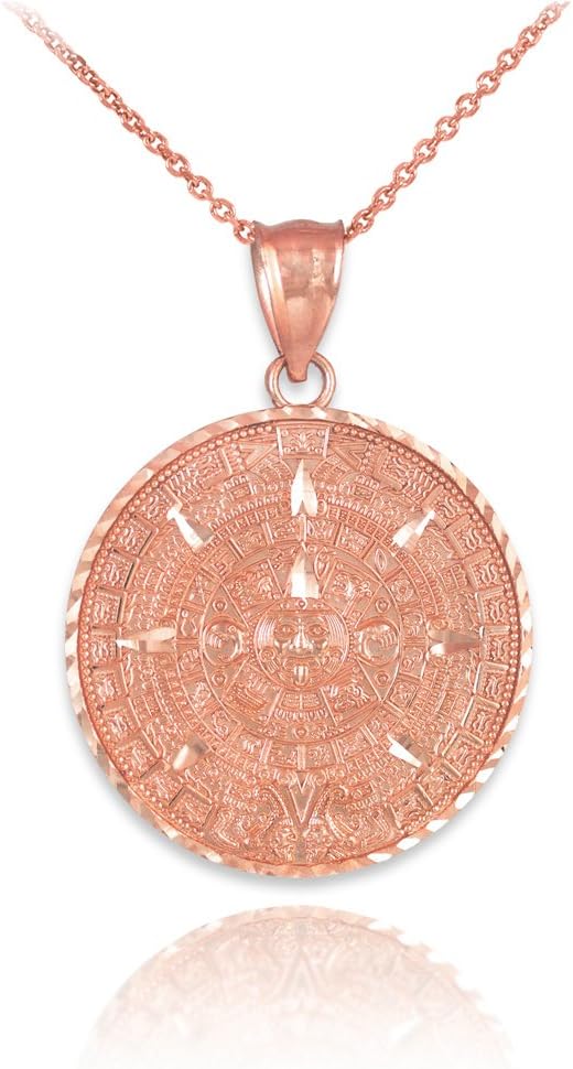 14k Rose Gold Aztec Charm Mayan Calendar Pendant Necklace