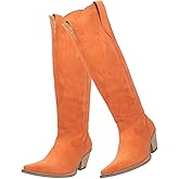 SHODENSE Women Suede Knee High Cowgirl Cowboy Boots Embroidered Stacked Heel Pointed Toe Tall Western Boots Pull On Wide Calf Low Chunky Heel Dress Long Boots Casual Suede Orange 8.5 M US