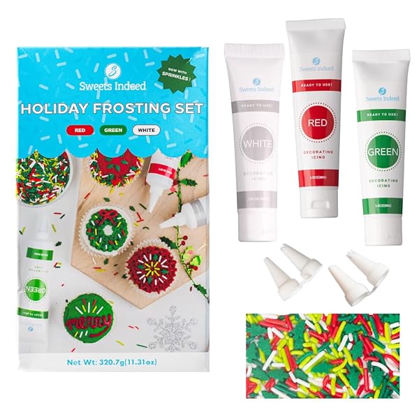 SWEETS INDEED CHRISTMAS COOKIE DECORATING KIT – 11.31 OZ | 3 FROSTING TUBES (RED, GREEN & WHITE) + 4 DECORATING TIPS + 2.5 OZ HOLIDAY SPRINKLES FOR CHRISTMAS COOKIES, CUPCAKES & CAKES