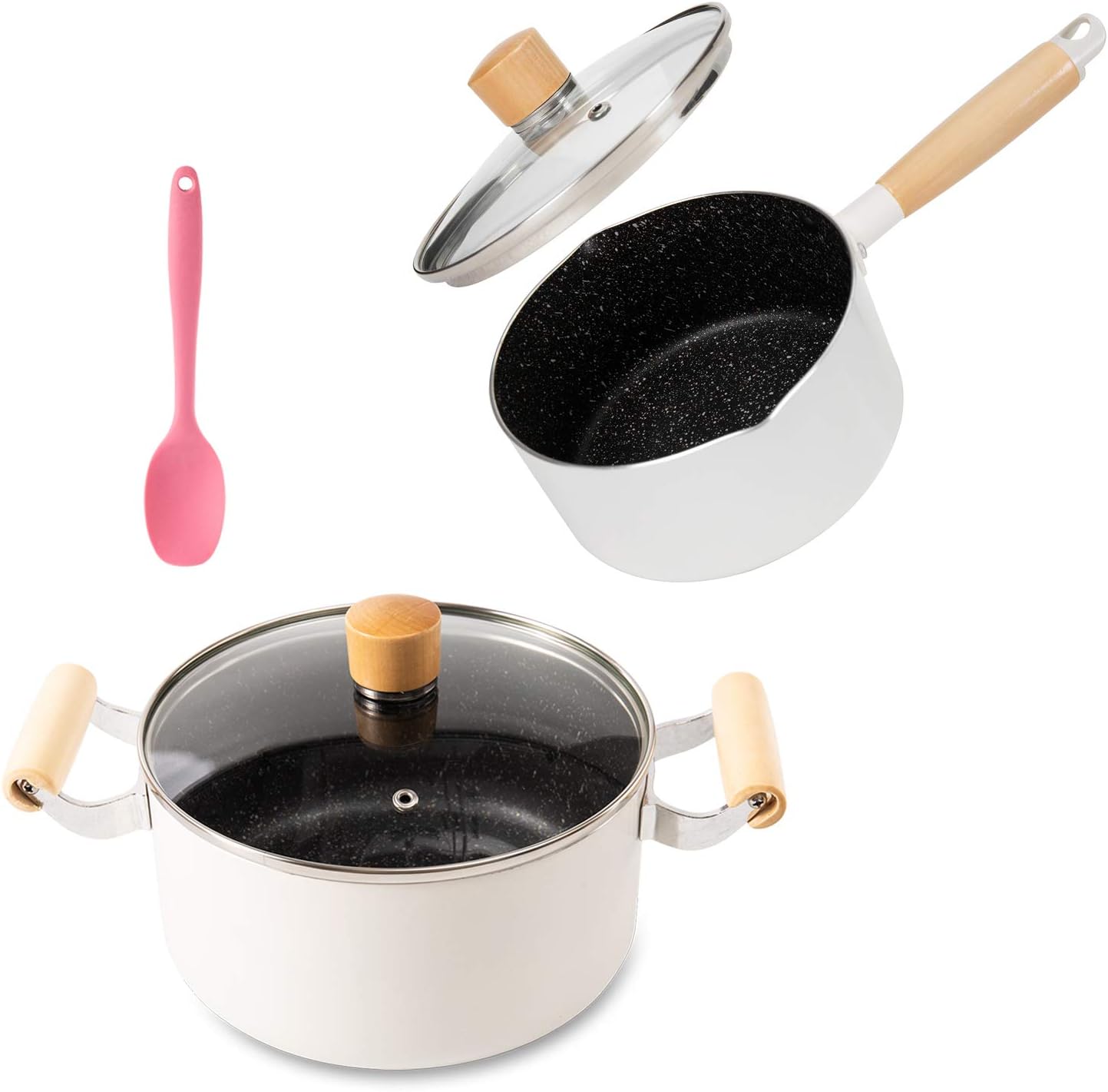 ROCKURWOK Saucepan 1.7-Quart & Nonstick Stock Pot 3.3 Quart, White
