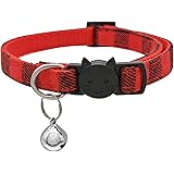 MJIYA Cat Collar with Bell, Breakaway Grid Collar with Plastic Buckle, Light Adjustable, Nylon, Kitty Collars (M, Red1)