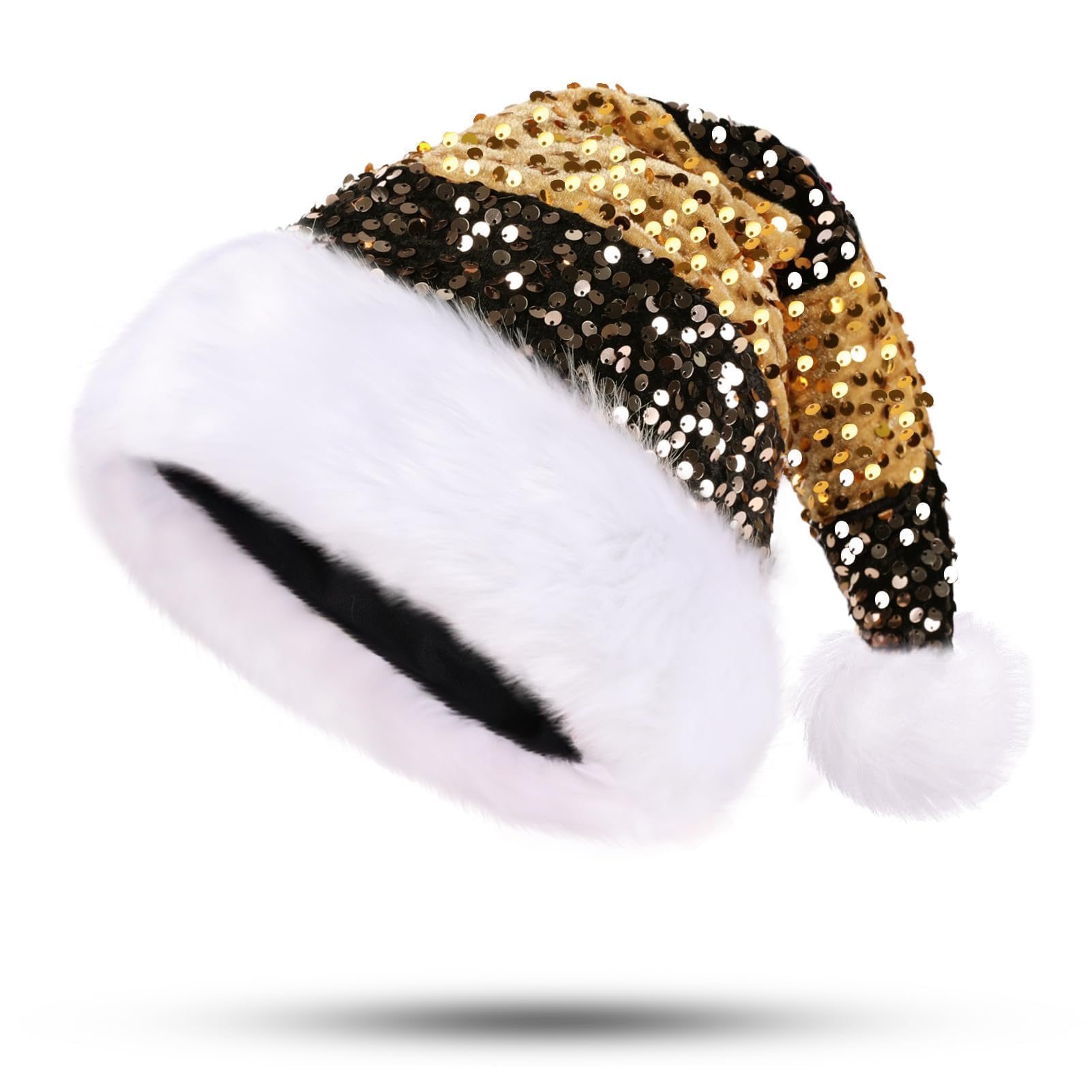 PUZAUKAL Christmas Hat for Adult Santa Hat Sequin Luxury Santa Claus Hat Warm Xmas Elf Hat Extra Soft for Christmas New Year Festive Holiday Party Black-Gold